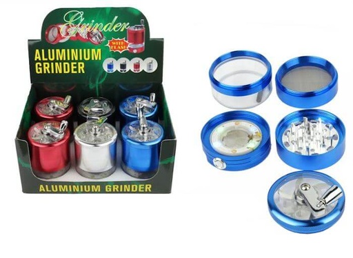 [ITM080621018599] TOBACCO GRINDER MIXED COLOR WITH HAND CRANK 5 PARTS GR049 BOX OF 6
