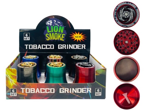 [LION-07267] LION SMOKE 4 PARTS TOBACCO GRINDER EMBLEM ON TOP #LS44217 BOX OF 6