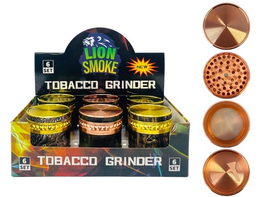 [LION-07271] LION SMOKE 4 PARTS TOBACCO GRINDER ENGRAVED DESINGS #LS44200 BOX OF 6