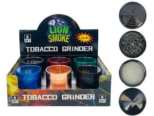 [LION-07275] LION SMOKE 4 PARTS TOBACCO GRINDER WINDOW WITH MAZE ON TOP #LS44248 BOX OF 6