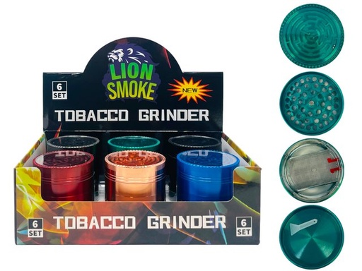 [LION-07279] LION SMOKE 4 PARTS TOBACCO GRINDER OPEN WINDOW WITH MAZE ON TOP #LS44262 BOX OF 6