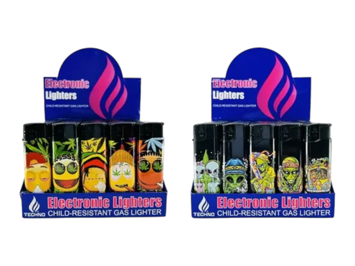 [TECH-14070] TECHNO TORCH ELECTRONIC LIGHTER ASSORTED DESIGNS BOX OF 50