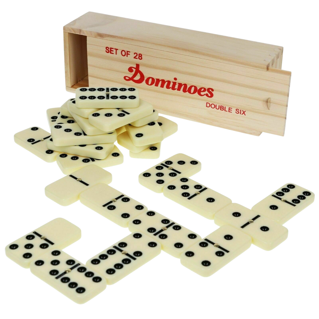 DOMINOES DOUBLE SIX WOOD BOX SET OF 28