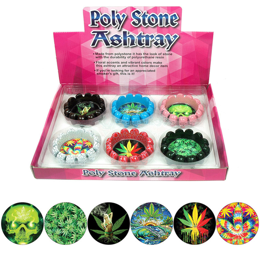 [Temp-HAM-003922] POLY STONE ROUND ASHTRAY #PO3-B WEED DESIGN BOX OF 6