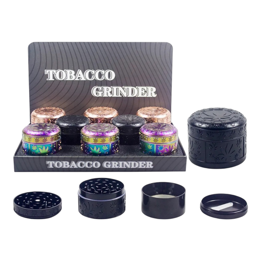 [Temp-HAM-004679] TOBACCO GRINDER EMBOSSED LEAF DESING 4 PARTS #GR333-S BOX OF 8