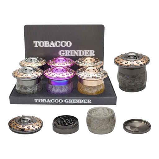 [Temp-HAM-004716] TOBACCO GRINDER ZIN ALLOY FINISH WITH SPACESHIP DESIGN 4 PARTS #GR363 BOX OF 6