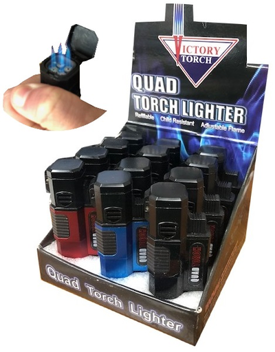 [Temp-HAM-004966] VICTORY TORCH METAL QUAD TORCH LIGHTERS BOX OF 12