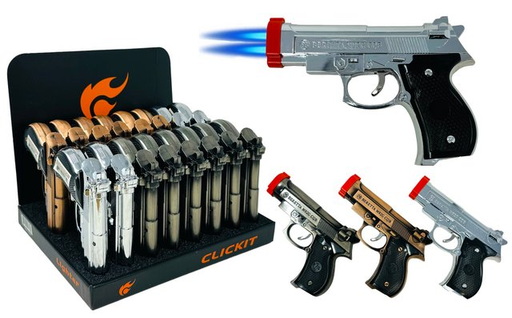 [LARG-20200] CLICKIT LARGE PISTOL DOUBLE TORCH LIGHTER GH-9965 BOX OF 16