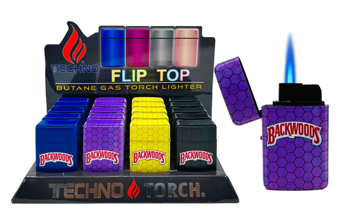[TECH-19195] TECHNO TORCH #19607-BW1 BACKWOODS DESIGN FLIP TOP TORCH LIGHTERS BOX OF 20