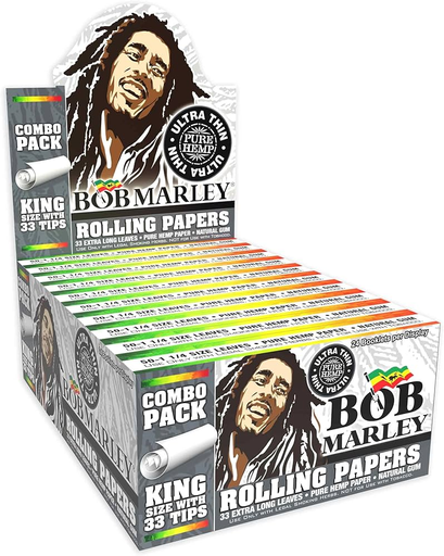 [Temp-HAM-001194] BOB MARLEY COMBO PACK PURE HEMP ULTRA THIN KINGSIZE ROLLING PAPER WITH 33 TIPS BOX OF 24