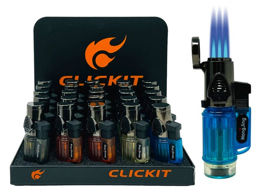 [CLIC-21075] CLICKIT TRANSPARENT TRIPLE TORCH LIGHTER MULTI-COLOR GH-10556 BOX OF 25