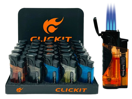 [CLIC-21077] CLICKIT TRANSPARENT TRIPLE TORCH LIGHTER WITH CIGAR CUTTER GH-10870 BOX OF 25