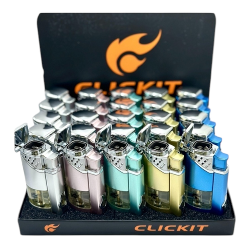 [Temp-HAM-001414] CLICKIT SHINY PARTIAL TRANSPARENT QUAD TORCH LIGHTER W/ CIGAR CUTTER #GH-10892 BOX OF 25