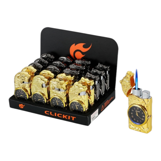 [Temp-HAM-001421] CLICKIT TIGER WITH LED CLOCK TORCH LIGHTER #GH-7268 BOX OF 20