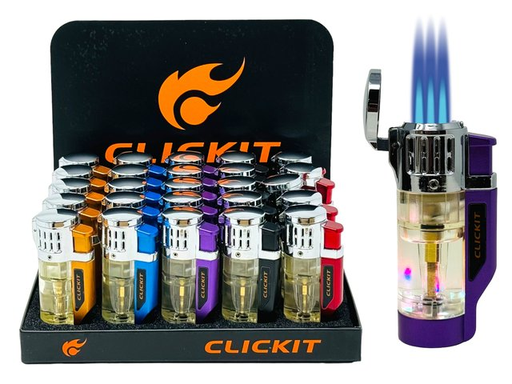 [CLIC-21081] CLICKIT TRANSPARENT TRIPLE TORCH LIGHTER WITH LED LIGHTS GH-10897 BOX OF 25