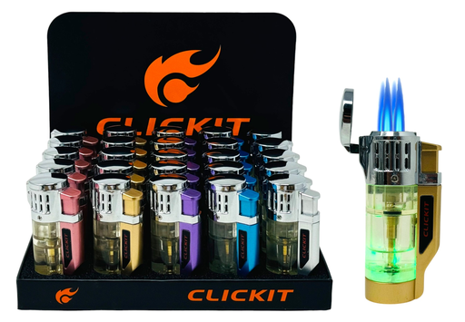 [CLIC-27192] CLICKIT TRANSPARENT QUAD TORCH LIGHTER WITH LED LIGHTS GH-10898 BOX OF 25